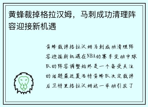 黄蜂裁掉格拉汉姆，马刺成功清理阵容迎接新机遇