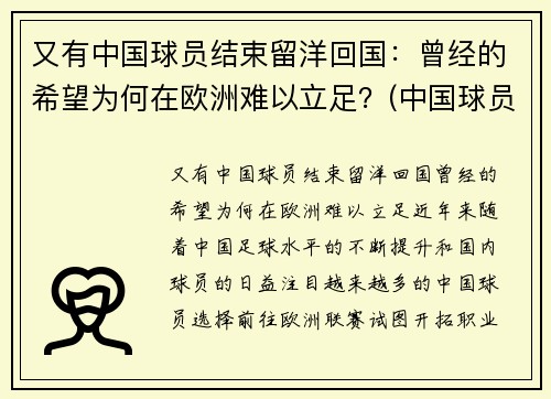 又有中国球员结束留洋回国：曾经的希望为何在欧洲难以立足？(中国球员留洋进球数)