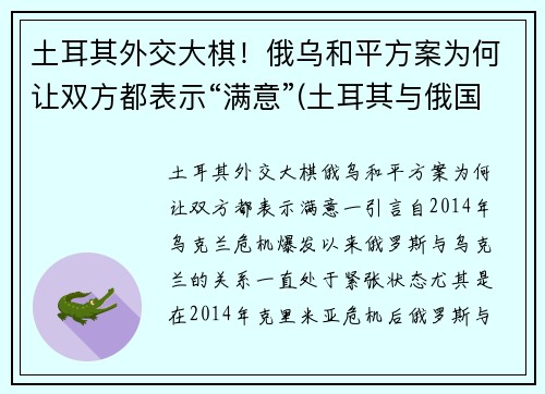 土耳其外交大棋！俄乌和平方案为何让双方都表示“满意”(土耳其与俄国交战史)