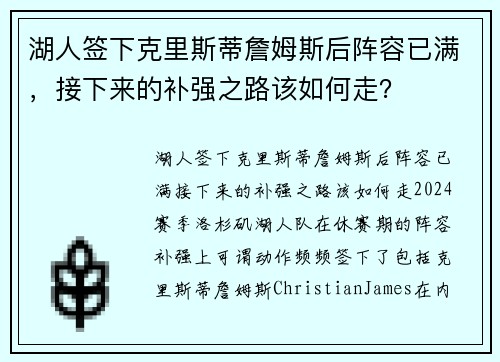 湖人签下克里斯蒂詹姆斯后阵容已满，接下来的补强之路该如何走？